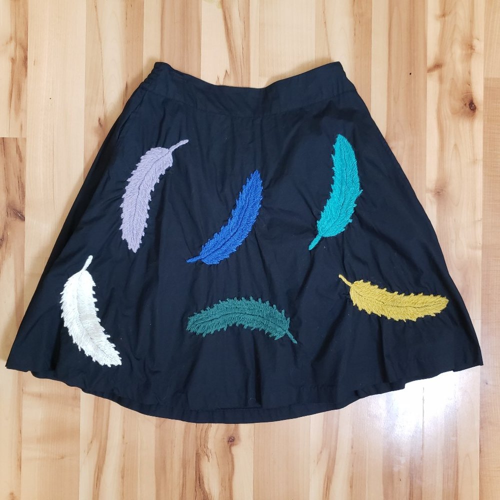 Anthropologie Girls From Savoy Navy Blue Colorful Embroidered Feather Skirt 2